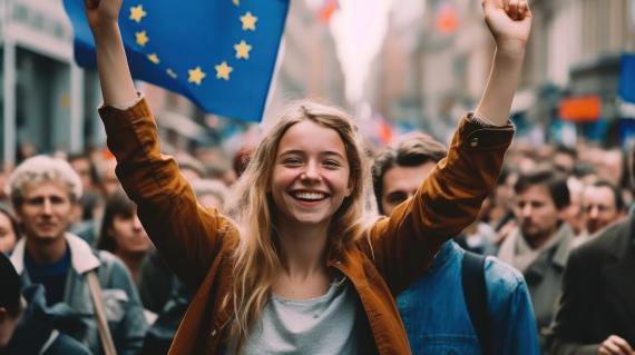Gruppe von Menschen protestiert mit der Flagge der Europäischen Union